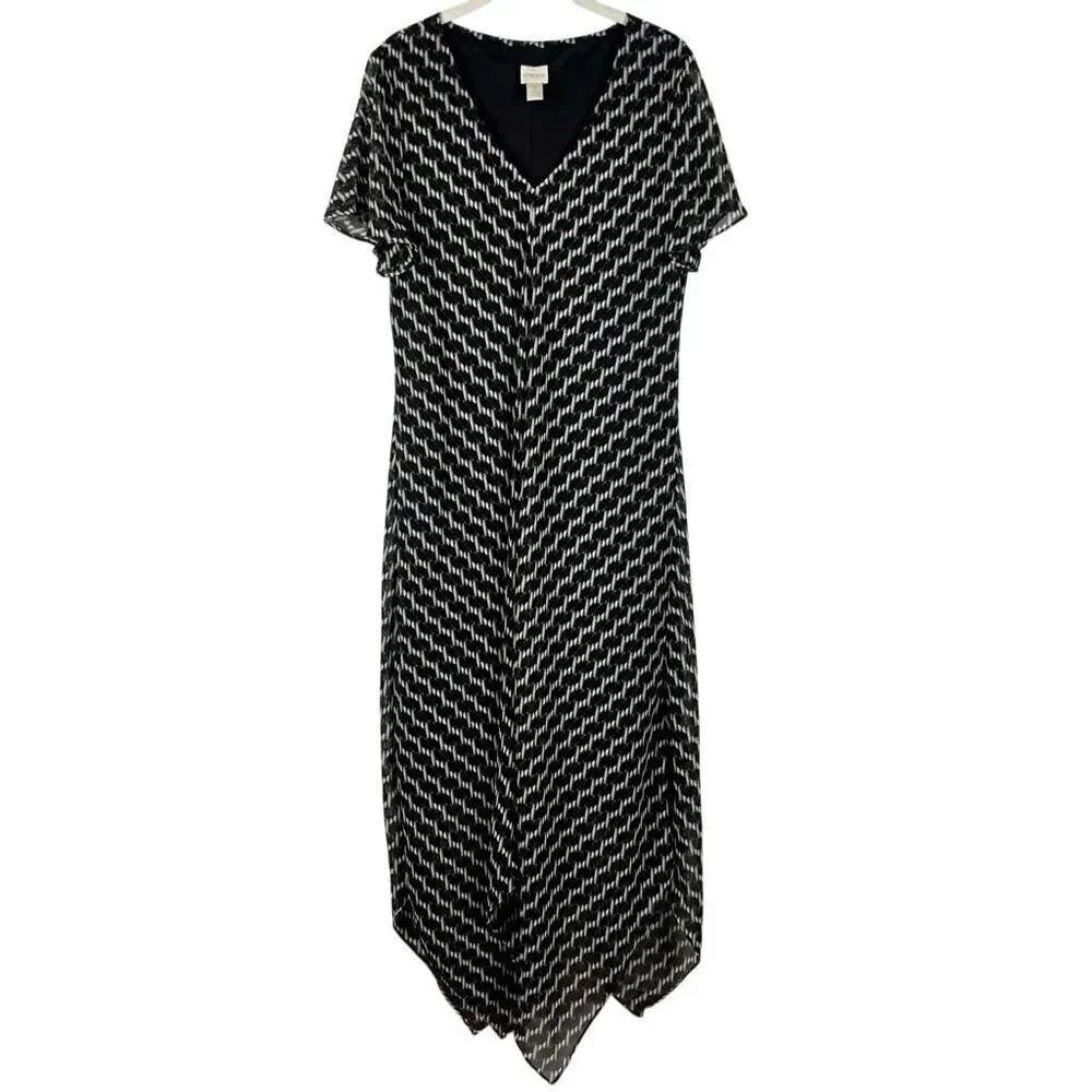 Chico’s Black and White Short Sleeve V-neck Maxi Dress 2 12